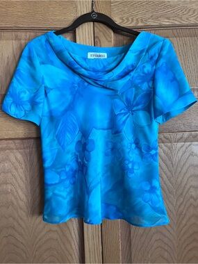 Studio I Turquoise Floral Cowl-Neck Blouse